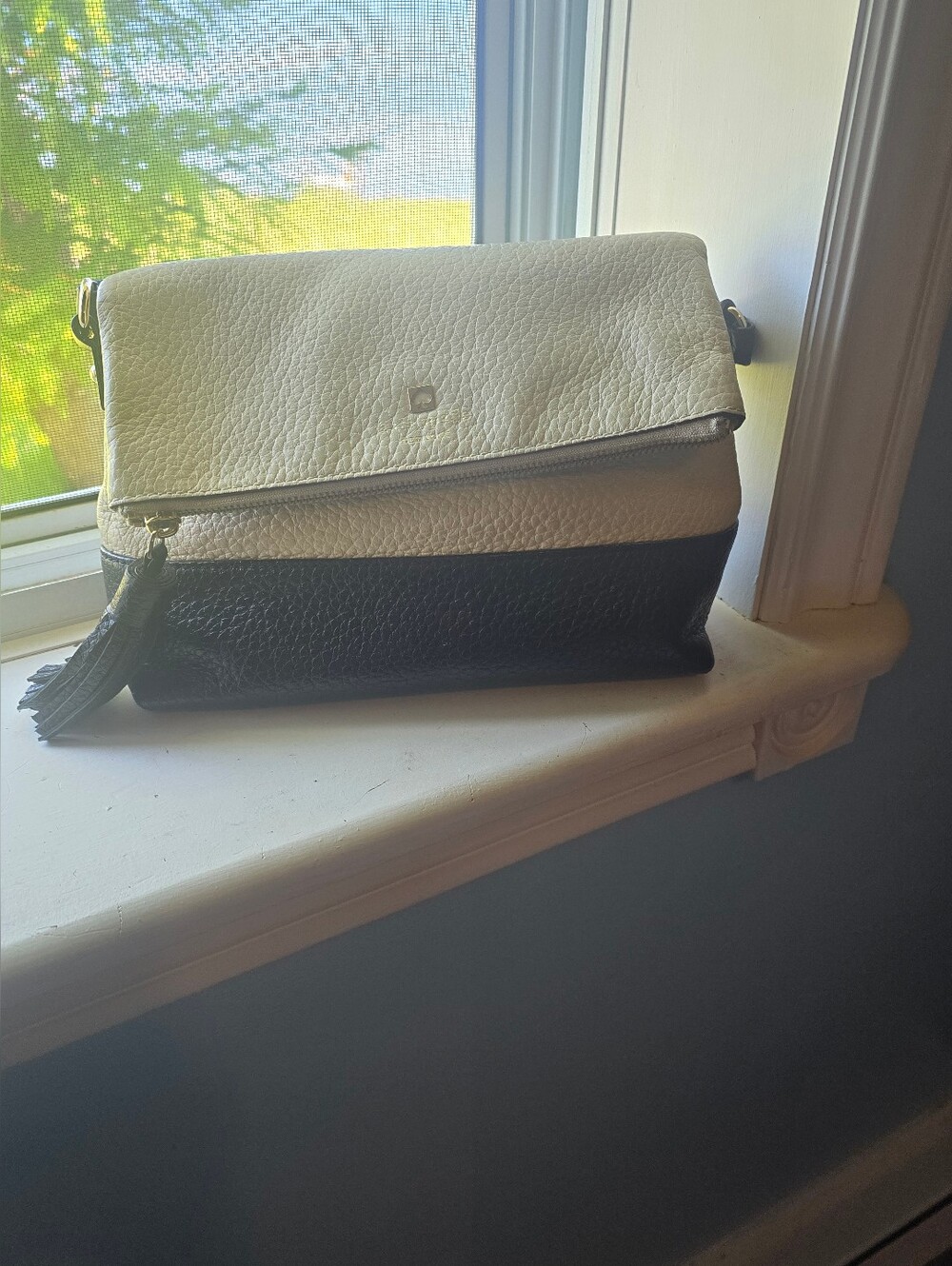 Kate Spade Southport Ave Mini Maria Fold Over Purse Pebbled Leather black beige